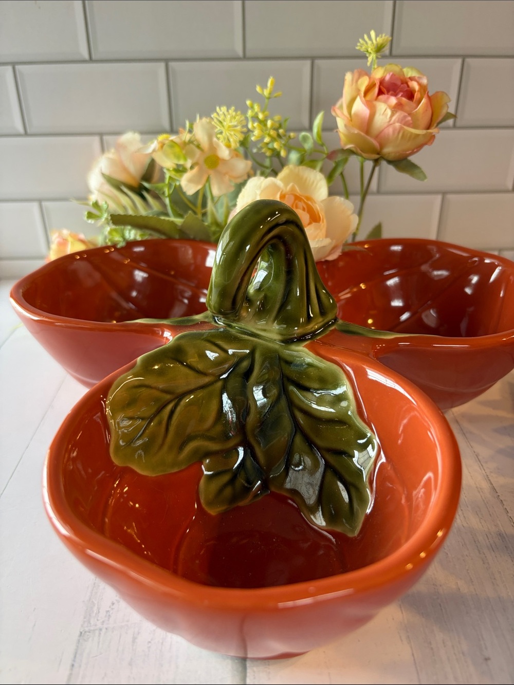 Temp-Tations Orange Triple Dip Bowl with Green Leaf Handle